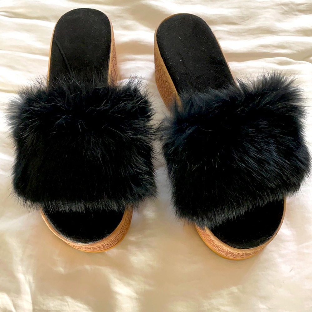 Furry Slide Platform Wedge Sandal Black(9) 2in wedge heel